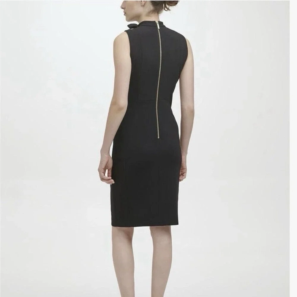 Calvin Klein Black Bow High Neck Sleeveless Stretch‎ Crepe Sheath Dress Size 8